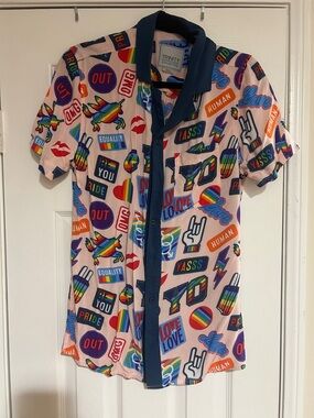 Men's small Pink Rainbow Pride Patchwork Button-Up Shirt